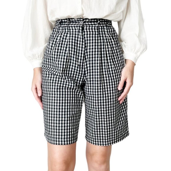 Vintage High Waisted Gingham Plaid Pleated Long Mom Shorts Bermuda Picnic Check - Picture 1 of 8
